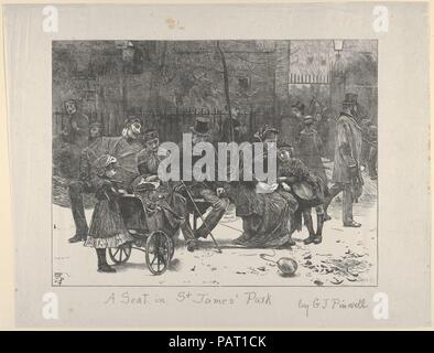 Un siège à St James's Park. Artiste : Après George John Pinwell (britannique, Londres 1842-1875 Londres). Image : 8 Dimensions : 7/8 × 11 13/16 in. (22,5 × 30 cm) feuille : 11 13/16 × 15 1/8 in. (30 × 38,4 cm). Graveur : Joseph Swain (britannique, Oxford 1820-1909 Londres). Date : 1870. Les Londoniens de différents milieux sont ici portés près l'un de l'autre sur un banc de parc-d'un soldat, un nursemaid, un homme bien habillé, et un mauvais joueur de violon. Ce gros caractères, éventuellement destinées à l'hebdomadaire Le périodique "Graphic' comme un double-page garanti, n'a jamais été publié parce que l'estampe japonaise (maintenant Victoria Banque D'Images