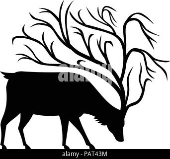 Icône mascotte illustration d'une silhouette noire d'un dollar, ou cerf de virginie avec panache en arborescence, avec des branches, le pâturage vu de côté sur le dos isolé Illustration de Vecteur