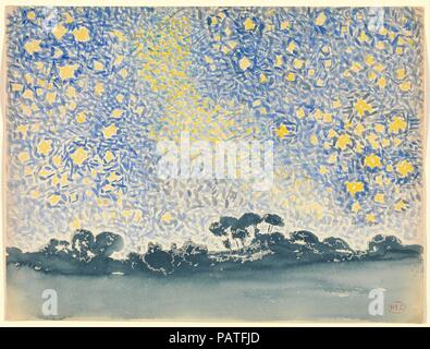 Paysage avec des étoiles. Artiste : Henri-Edmond Cross (Henri-Edmond Delacroix) (Français, Douai 1856-1910 Saint-Clair). Dimensions : 9 5/8 x 12 5/8 in. (24.4 x 32.1cm). Date : ca. 1905-1908. Cette représentation poétique d'un star-striées Sky combine le long des touches de la Croix cassée fin fonctionne avec un paysage sombre du stylo et de l'encre, qui rappelle dans ses formes d'impressions, de la peinture japonaise. Musée : Metropolitan Museum of Art, New York, USA. Banque D'Images