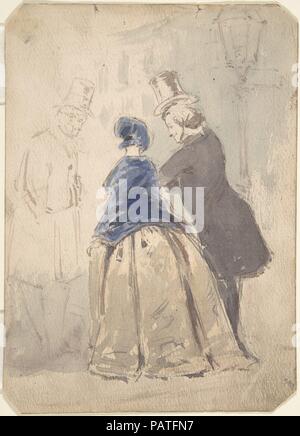 Scène de rue de Vanity Fair, avec Amelia, George Osborne et Dobbin (recto) ; esquisse de jeune femme (verso). Artiste : ( ?) Jerry Barret (britannique, 1824-1906). Auteur : Related auteur William Makepeace Thackeray (British, Calcutta 1811-1863 Londres). Fiche technique : Dimensions : 7 x 5 in. (17,8 x 12,7 cm). Date : 1800-1819. Musée : Metropolitan Museum of Art, New York, USA. Banque D'Images