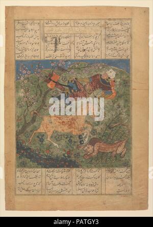 'Rustam sauvé par son cheval de Rakhsh un Lion', folio d'un Shahnama (Livre des Rois) de Firdausi. Auteur : Abu'l Qasim Firdausi (935-1020). Dimensions : Page : H. 12 in. (30,5 cm) W. 8 3/8 in. (21,3 cm) de droit : H. 10 3/8 in. (26,4 cm) O. 6 7/8 in. (17,5 cm) TMC : H. 19 1/4 in. (48,9 cm) 14 1/4 in. W. (36,2 cm). Date : fin du xve siècle. Musée : Metropolitan Museum of Art, New York, USA. Banque D'Images