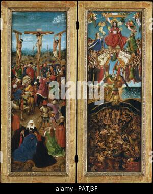 La Crucifixion ; le Jugement Dernier. Artiste : Jan van Eyck Maaseik, Russisch (ca. Bruges 1390-1441) et Assistant de l'atelier. Dimensions : 22 x 7 Chaque 1/4 2/3 in. (56,5 x 19,7 cm). Date : ca. 1440-41. Philippe le Bon, duc de Bourgogne, considéré comme Van Eyck (sa cour peintre) inégalé dans son "l'art et la science." En fait, Van Eyck, son microcosmique encore observé par les deux peintures semblent d'un microscope et un télescope. Dans  <i >la Crucifixion </i >, il évoque une remarquable variété d'émotions parmi la foule, vu avec un paysage représentant un imaginé Jérusalem ; en 1426 il a fait un voyage à travers Banque D'Images