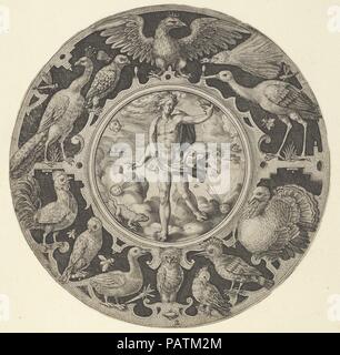 De l'are '' dans une bordure décorative avec les oiseaux, à partir d'une série de dessins circulaires avec les quatre éléments. Artiste : Crispijn de passe l'ancien (Arnemuiden, Russisch 1564-1637 Utrecht). Fiche Technique : Dimensions : 4 7/8 x 4 15/16 in. (12,4 × 12,5 cm). Date : 1590-1612. Conception d'un plateau circulaire avec l'élément Air personnifié comme une figure avec un oiseau perché sur sa main gauche au centre. La figure est situé dans les nuages, où quatre têtes de putti souffler le vent vers le centre de chaque coin. Cette scène est entourée d'une large bande avec divers oiseaux, y compris un hibou ci-dessous et un aigle couronné ci-dessus. Planche 2 f Banque D'Images