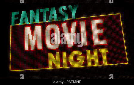 Fantasy film rétro éclairé de nuit intro lettres néon sur grand écran avec de grands pixels. La lumière vive du texte sur l'affichage des ampoules. Événement de divertissement adv Banque D'Images