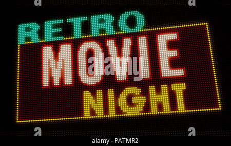 Film rétro éclairé de nuit intro lettres sur grand écran néon avec de gros pixels. La lumière vive du texte sur l'affichage des ampoules. La publicité de l'événement de divertissement Banque D'Images