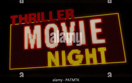 Thriller film rétro éclairé de nuit intro lettres néon sur grand écran avec de grands pixels. La lumière vive du texte sur l'affichage des ampoules. Annonce d'événements de divertissement Banque D'Images