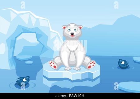 Illustration d'un ours polaire dans un vecteur de l'Arctique fond avec des blocs de glace, les icebergs, l'eau et des poissons Illustration de Vecteur