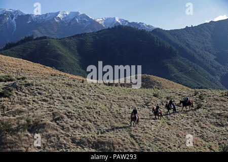 Photo par Tim Cuff - 17 juillet 2018 - Voyage sur la station thermale de Hanmer Springs, District Hurunui, Nouvelle-Zélande : randonnées à cheval Banque D'Images