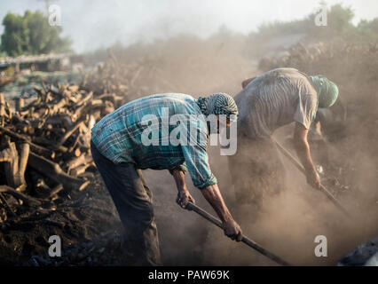 La ville de Gaza, en Palestine. 18 juillet, 2018. Les travailleurs palestiniens vu travailler avec les outils de jardin sur l'installation d'extraction de charbon.de Sand à l'Al Habbash usine de production, le plus grand producteur de charbon dans la bande de Gaza. Il est habituellement utilisé par les Palestiniens pour des raisons pratiques, telles que la cuisine et le chauffage. Un kilo est vendu pour $ 1,50 2,00 $ sur place et sur le marché. Credit : Mahmoud Issa/SOPA Images/ZUMA/Alamy Fil Live News Banque D'Images