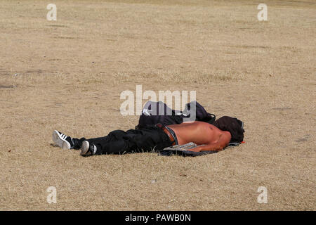 Hyde Park. Londres. UK 25 Juillet 2018 - Un homme de soleil sur l'herbe desséchée Hyde Park sur une journée très chaude et humide dans la capitale. D'après le Met Office la température de Londres et du sud-est est susceptible d'atteindre 35 degrés celsius le jeudi. Credit : Dinendra Haria/Alamy Live News Banque D'Images