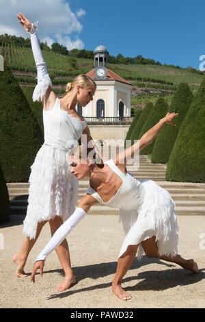 Radebeul, Allemagne. 25 juillet 2018, Radebeul, Allemagne : Anita Suzanne Gregory (l) à partir de la Norvège et Joana Martins du Portugal, des danseurs de ballet de la Saxe Landesbühnen, sont devant le Belvédère à une séance photo au château de Wackerbarth Winery. Le 1 août, 2 et 5, 2018 'le Tanztheater der Landesbühnen Sachsen" aura lieu à la cave sous la devise 'Ballett am Weinberg' Photo : Sebastian Kahnert/dpa/ZB : dpa Crédit photo alliance/Alamy Live News Banque D'Images