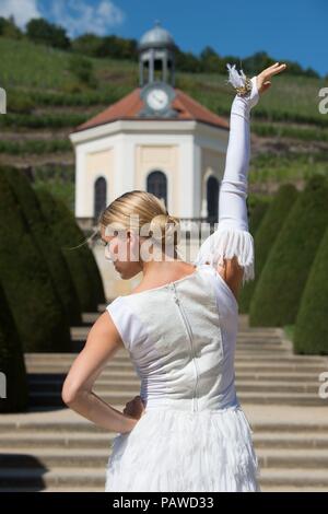 Radebeul, Allemagne. 25 juillet 2018, Radebeul, Allemagne : Suzanne Gregory de Norvège, danseur de ballet au Théâtre de la ville de Saxe, se tient devant le Belvédère pour une séance photo au Schloss Wackerbarth State Winery. Le 1 août, 2 et 5, 2018 'le Tanztheater der Landesbühnen Sachsen" aura lieu à la cave sous la devise 'Ballett am Weinberg'. Photo : Sebastian Kahnert/dpa/ZB : dpa Crédit photo alliance/Alamy Live News Banque D'Images