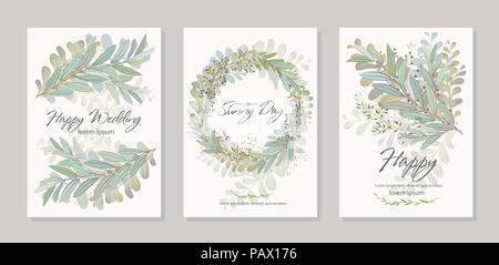 Jeu de carte avec de belles petites branches avec des feuilles. Parure de mariage concept. L'Imitation de l'aquarelle, isolé sur blanc. Couronne de croquis, floral et herbes garland Illustration de Vecteur