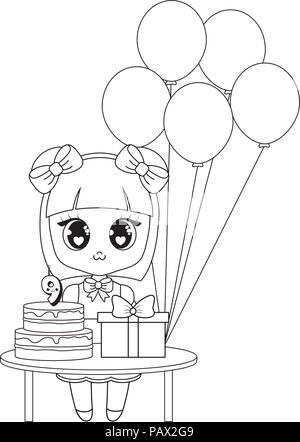 Joyeux anniversaire conception avec la fille asiatique avec une table avec des ballons et du gâteau d'anniversaire sur fond blanc, vector illustration Illustration de Vecteur