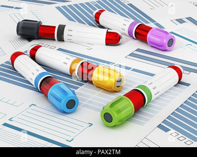 Les flacons de sang avec des couvercles de couleur sur les commandes de formulaires médicaux. 3D illustration. Banque D'Images