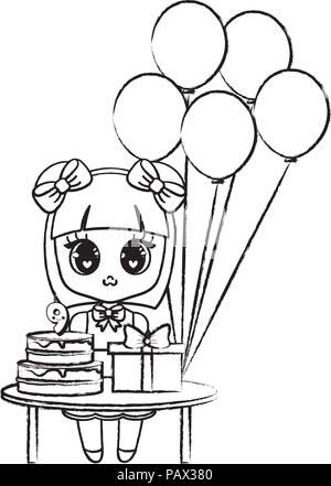 Joyeux anniversaire conception avec la fille asiatique avec une table avec des ballons et du gâteau d'anniversaire sur fond blanc, vector illustration Illustration de Vecteur