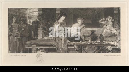 La première Course-The le dîner. Artiste : D'après Sir Lawrence Alma-Tadema (British (né aux Pays-Bas), station Dronrijp 1836-1912 Wiesbaden). Dimensions : chine collé feuille : 9 7/8 x 18 5/16 in. (23,7 x 47,9 cm) Fiche technique de montage : 10 13/16 x 20 3/8 in. (27,4 x 51,8 cm). Graveur : Leopold Löwenstam (Néerlandais, Düsseldorf 1842-1898 The Green House, Sussex). Sitter : Sir Lawrence Alma-Tadema (British (né aux Pays-Bas), station Dronrijp 1836-1912 Wiesbaden). Date : 1881. Une jeune femme Romaine qui est titulaire d'une coupe de vin est à côté d'un jeune homme qui allongé sur un dias comme un homme plus âgé des boissons à droite. Les hommes vêtus de toges sombres avec le wre Banque D'Images