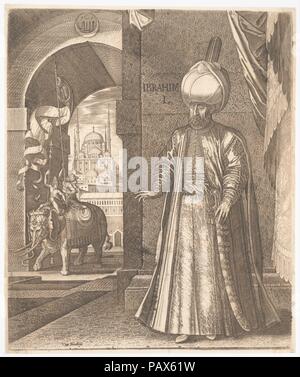 Soliman et la Mosquée de Suleymaniye, Constantinople, 1574 (ou plus tôt) , modifiée en 1688 pour représenter Ibrahim I. Artist : Melchior Lorck (Danois, Flensburg 1526-après 1588 Hambourg ( ?)). Dimensions : 15 x 11 1/4 à 13/16. (40,2 x 28,6 cm). Date : 1559-1688. Musée : Metropolitan Museum of Art, New York, USA. Banque D'Images