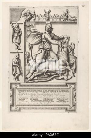 Soulagement avec Mithra à genoux sur un taureau et la conduite d'une épée dans son épaule, à gauche deux petites figures debout, l'un tenant une épée et une gaine tenant une épée, une frise avec des chars et de serpents lové sur les figures ci-dessus. Artiste : Anonyme, Italien, 16ème siècle. Dimensions : Plateau : 15 x 10 3/8 à 15/16. (40,5 x 26,3 cm) : Feuille 19 x 13 5/16 1/16 in. (49 x 33,2 cm). Editeur : Antonio Lafreri (Français, Orgelet, Franche-Comté, ca. Rome 1512-1577). Date : 1564. Musée : Metropolitan Museum of Art, New York, USA. Banque D'Images