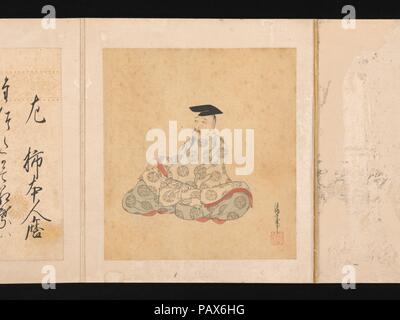 Des portraits et des poèmes de la trente-six grands poètes poétique (Sanjurokkasen). Sumiyoshi Gukei (artiste : japonais, 1631-1705). Culture : le Japon. Dimensions : Image (chaque feuille) : 6 7/8 × 6 5/16 in. (17,4 × 16 cm) Album : 8 3/4 × 7 × 11/16 2 5/8 in. (22,3 × 19,5 × 6,7 cm). Date : 1674-92. Cet album contient les portraits imaginaires de trente-six des maîtres vénérés de la poésie de la Nara (710-794) et Heian (794-1185) périodes, chacune accompagnée d'un de ses versets de la présente page. Sélections des plus grands poètes ont été faites par les connaisseurs de la fin de la période Heian, avec Kakinomoto no Hitomaro (acti Banque D'Images
