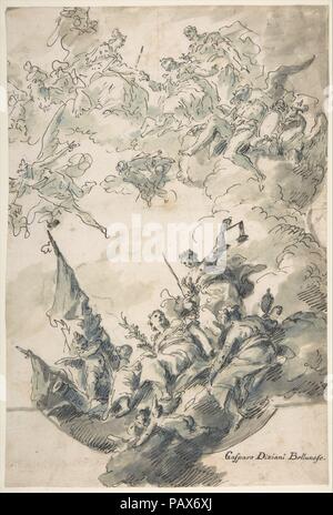 Conception pour un Plafond : Venise recevant l'Hommage. Artiste : Francesco Fontebasso (italien, 1689-1767) Venise Belluno. Dimensions : 11 7/8 x 8 1/16 po. (30,2 x 20,5 cm). Date : 1755-60. Cette composition dynamique, dessiné à la plume et encre grise et laver, a de nombreux points communs avec la "glorification de la famille Widmann, des fresques de Francesco Fontebasso sur le plafond du Palazzo Widmann, Venise, à propos de 1755-1760. Bannières et d'autres attirails militaires se produisent dans ce travail, tout comme les figures allégoriques de la Justice, la prudence, et la gloire ; l'appui d'un bac de putti morte, et l'heure est titulaire d'un écran vide flanqué d'un aigle, qui ma Banque D'Images