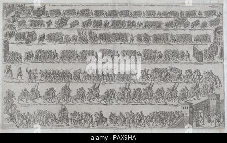 L'entrée de Marcantonio Colonna et l'armée chrétienne à Rome après la victoire à la bataille de Lépante, le 11 décembre 1571. Dimensions : Plateau : 15 15/16 × 28 1/8 in. (40,5 × 71,5 cm) feuille : 18 3/4 × 29 1/16 in. (47,7 × 73,8 cm). Publié dans : Milan. Editeur : Francesco Tramezzino (Italien, actif à Rome et Venise, 1526-1576), est mort. Date : 1571. La procession est représenté dans sept bandes, l'accroissement de la taille du haut vers le bas de la feuille. Les chiffres comprennent les membres de la famille Colonna, les nobles, les prisonniers et les soldats chrétiens ; monuments figurant : l'Arc de Constantin et le flotteurs Genre Coloss Banque D'Images