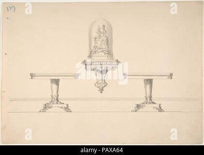 Conception pour deux Guéridons de style rococo et plateau sculpté soutenant un réveil sous verre. Artiste : Anonyme, britannique, 19e siècle. Fiche technique : Dimensions : 8 5/8 x 12 3/16 po. (21,9 x 31 cm). Date : début du 19ème siècle. Musée : Metropolitan Museum of Art, New York, USA. Banque D'Images