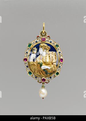 La prudence. Artiste : l'émail sur marche arrière après un design par Étienne Delaune (Français, Orléans 1518/19-1583 Strasbourg). Culture : français, Paris. Dimensions : hors tout, avec pendentif perle, sans caution : 3 3/16 x 1 7/8 in. (8,2 x 4,8 cm) ; dans l'ensemble, le centre de commesso (confirmé) : 1 9/16 x 1 7/16 in. (4 x 3,6 cm) ; 40 x 34,7 mm. Date : ca. 1550-60, dos : 19ème siècle. L'une des quatre vertus cardinales, Prudence regarde dans un miroir tout en tenant un serpent--attributs symbolisant, respectivement, sa connaissance et sa sagesse. Le pendentif est un exemple de l'italien, dans lequel la technique commesso pierres sculptées Banque D'Images