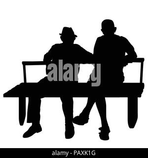 Deux personnes âgées silhouettes assis sur un banc de parc sur fond blanc, vector illustration Illustration de Vecteur