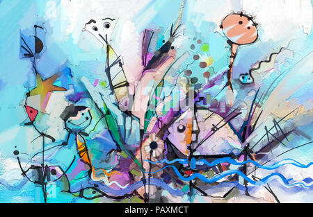 Abstract colorful fantasy peinture à l'huile. Semi- Résumé de l'arbre, les enfants, les poissons et d'oiseaux. Printemps ,été fond nature. La main peinte, childre Banque D'Images