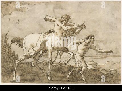 La tête d'un satyre Centaure, qui transporte un bâton, arc et carquois, hors les murs d'une ville. Artiste : Giovanni Domenico Tiepolo (Venise, Italie Bassano Jacopo Venise). Dimensions : 7 1/2 x 11 in. (19 x 28 cm). Date : ca. 1771-91. Musée : Metropolitan Museum of Art, New York, USA. Banque D'Images