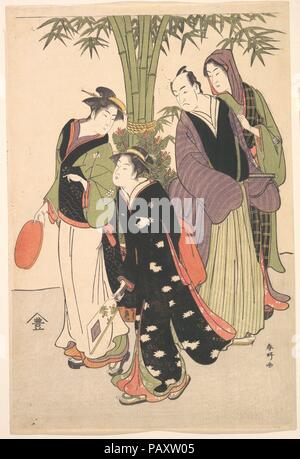 Acteurs de Kabuki Segawa Kikunojo III Ichikawa Monnosuke et II et deux courtisanes célébrant la nouvelle année. Artiste : Katsukawa Shunko (japonais, 1743-1812). Culture : le Japon. Dimensions : 15 x 10 1/4 à 3/16. (38,6 x 26 cm). Date : ca. Années 1790. Musée : Metropolitan Museum of Art, New York, USA. Banque D'Images