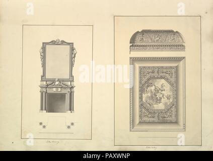 Feuille d'Aedes Walpolianae monté avec deux dessins : (a) : Salon Cheminée, Houghton Hall, Norfolk, l'élévation ; (b) : Salon Plafond, Houghton Hall, Norfolk. Artiste et architecte : Isaac Ware (britannique, avant 1704-1766 Hampstead). Dimensions : Feuilles : 28 15/16 × 20 1/2 in. (73,5 × 52 cm). Date : 1735. Musée : Metropolitan Museum of Art, New York, USA. Banque D'Images