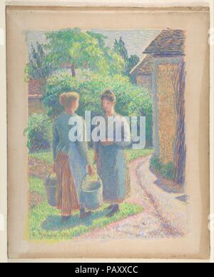 Deux femmes dans un jardin. Artiste : Camille Pissarro (Français, Charlotte Amalie, Saint Thomas 1830-1903 Paris). Dimensions : 15/16 x 14 Montage : 12 3/8 po. (37,9 x 31,5 cm) 12 13/16 x 9 11/16 in. (32,5 x 24,6 cm). Date : 1888. Musée : Metropolitan Museum of Art, New York, USA. Banque D'Images