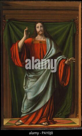 Le Christ bénissant. Artiste : Andrea Solario (Italien, Milan AC. Milan 1465-1524). Dimensions : 80 1/4 x 51 1/2 in. (203,8 x 130,8 cm). C'est l'une des dernières œuvres de Solario et doit avoir été peint pour une église dans ou près de Milan. L'architecture du châssis doit être assortie l'architecture peinte dans l'image, de manière à créer l'illusion que la figure du Christ se tient dans un espace contigu avec notre propre. Bien que le groupe a peut-être debout sur un autel, il pourrait également avoir été monté dans une niche dans un mur dans le cadre de la décoration d'une chapelle ou une chambre dans une église. Musée : Metropol Banque D'Images