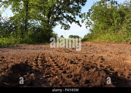 Surface rugueuse d'une route de campagne avec une teinte de rouge qui signifie sol riche en fer Banque D'Images