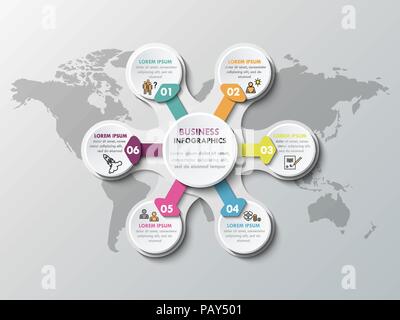 Infographie 3D abstrait moderne modèle à 6 étapes. Cercle business modèle avec options pour brochure, diagramme, workflow, chronologie. EPS 10 Illustration de Vecteur