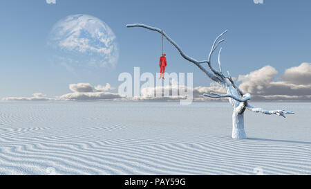 Surreal désert blanc. L'homme en habit rouge est pendu sur un arbre sec. Banque D'Images