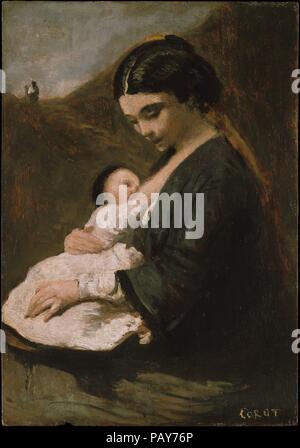 La mère et l'enfant. Artiste : Camille Corot (français, Paris 1796-1875 Paris). Dimensions : 12 3/4 x 8 7/8 in. (32,4 x 22,5 cm). Date : probablement des années 1860. Ce petit panneau, probablement dans les années 1860, était évidemment bien connu et admiré dans le cercle d'amis de Corot. Constant Dutilleux (1807-1865 les deux) et Charles Desavary (1837-1885), deux peintres vivant à Arras, une ville du nord de la France que Corot souvent visité, copié la peinture. Environ 1873 Corot le donna à son patron Cléophas, qui avait lui avait fourni un studio supplémentaire où il pouvait travailler sans être dérangé. Musée : Metropolitan Museum of Art, NW Banque D'Images