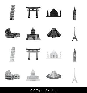 Sites touristiques de différents pays noir, Icônes monochromes dans set collection pour la conception. Célèbre bâtiment symbole vecteur illustration de stock. Illustration de Vecteur