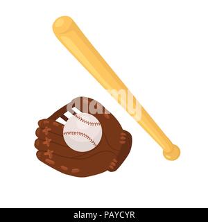Accessoires de baseball à la main isolé sur fond blanc. Gant de baseball, bat and ball vector illustration. Illustration de Vecteur