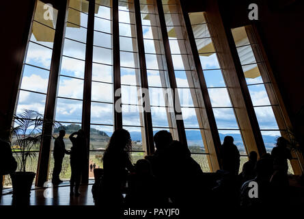 Rétro-éclairage de la salle de dégustation de vins dans une cave à vin dans La Rioja (Espagne) avec les gens dans le noir et boire du vin et manger des saucisses typiques. Un Vignoble Banque D'Images