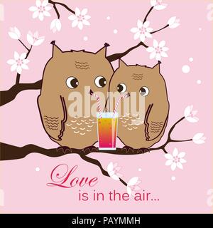 Deux hiboux mignon assis sur l'arbre en fleurs. Owlets cocktail. Gomantic arrière-plan. Vector illustration. Les hiboux dans l'amour Illustration de Vecteur