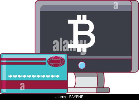 Ordinateur avec symbole bitcoin et une carte de crédit sur fond blanc, vector illustration Illustration de Vecteur