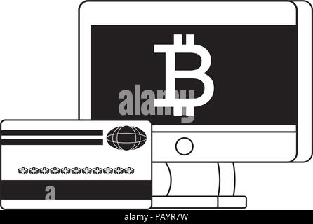 Ordinateur avec symbole bitcoin et une carte de crédit sur fond blanc, vector illustration Illustration de Vecteur