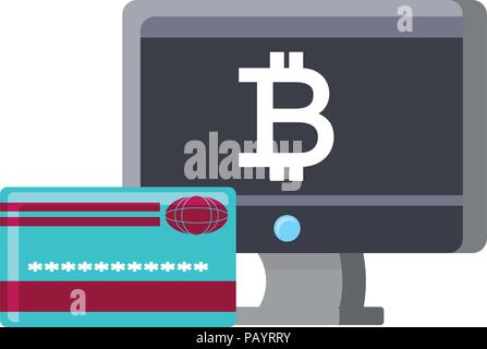 Ordinateur avec symbole bitcoin et une carte de crédit sur fond blanc, vector illustration Illustration de Vecteur