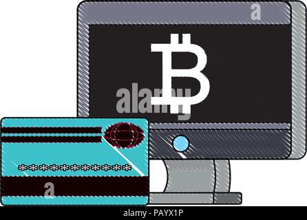 Ordinateur avec symbole bitcoin et une carte de crédit sur fond blanc, vector illustration Illustration de Vecteur