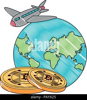 Planète Terre avec avion et pièces bitcoin sur fond blanc, vector illustration Illustration de Vecteur