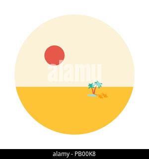 Oasis dans desert lake avec deux palmiers au milieu des sables et grand soleil chaud vector illustration vignette ronde isolé sur wgite Illustration de Vecteur