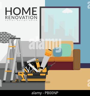 Accueil entrepreneur rénovation concept. vector illustration de prix avant et après rénovation rénovation Illustration de Vecteur